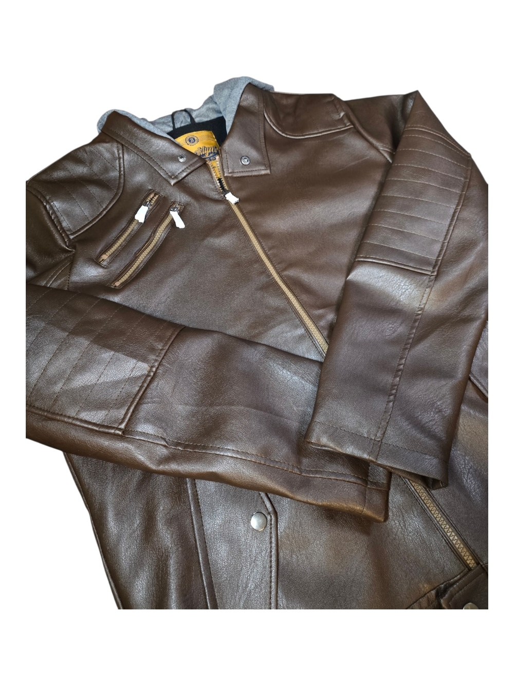 NWOT Brooklyn's Best Men L Faux Leather Biker Moto Jacket Attached Hood Fleece